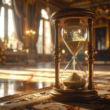 Ornate hourglass in a gilded palace sunlight streams through windows illuminating a grand room with rich decor time passes through the glass photo